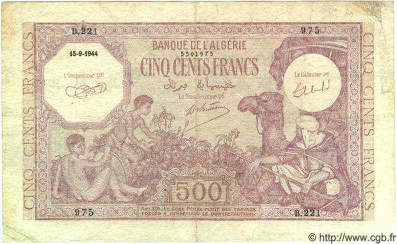 500 Francs ALGÉRIE  1944 P.095 TB