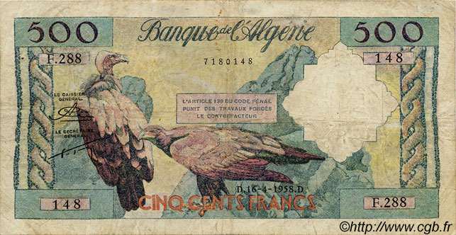 500 Francs ALGÉRIE  1958 P.026 B