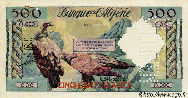 500 Francs Spécimen ALGÉRIE  1958 P.117s pr.SUP