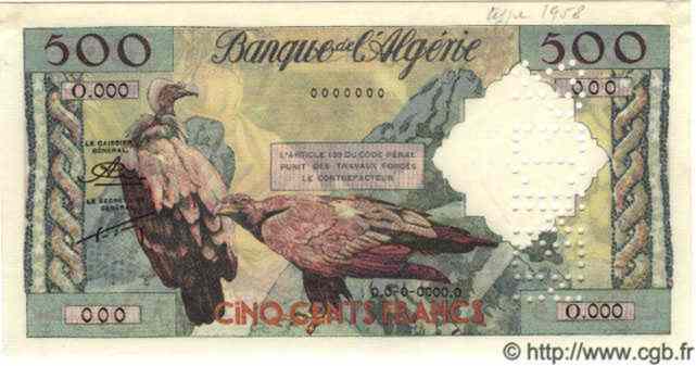 500 Francs Spécimen ALGÉRIE  1958 P.026s NEUF