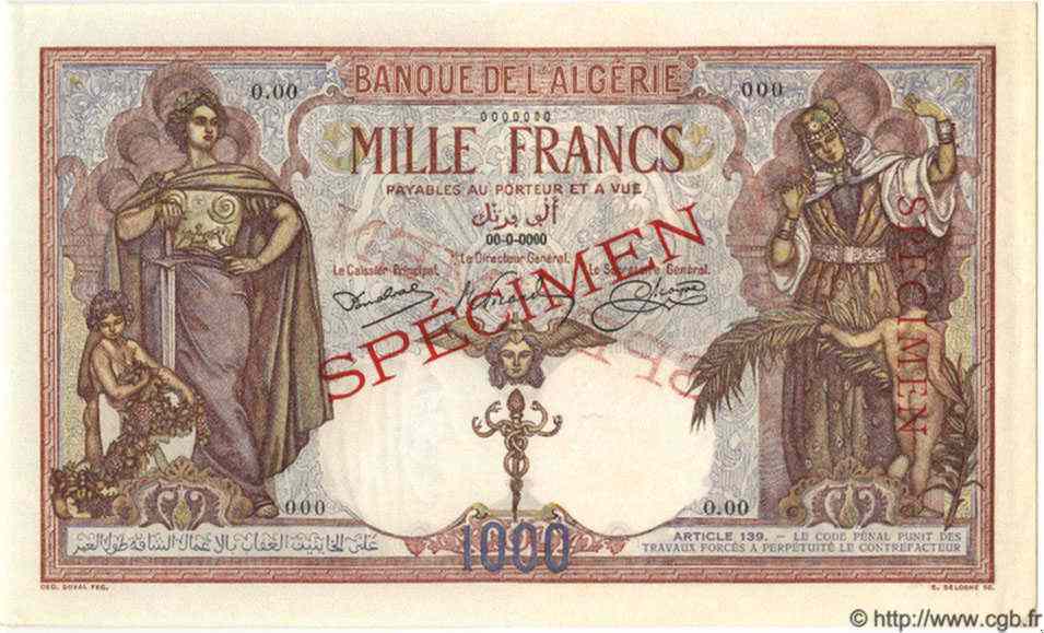 1000 Francs Spécimen ALGERIEN  1926 P.029s fST+