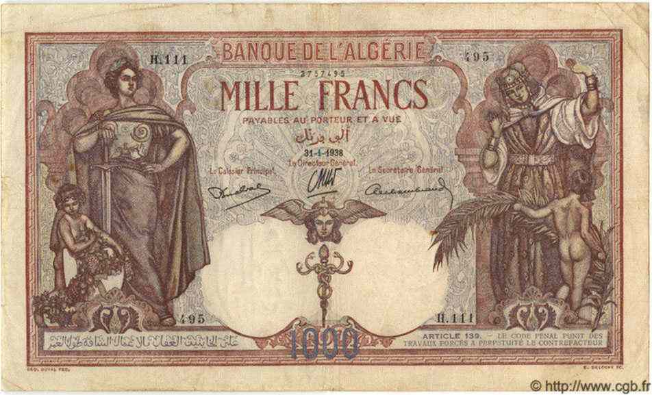 1000 Francs  ALGÉRIE  1938 P.029 TB+