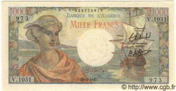 1000 Francs ALGÉRIE  1945 P.030A SUP