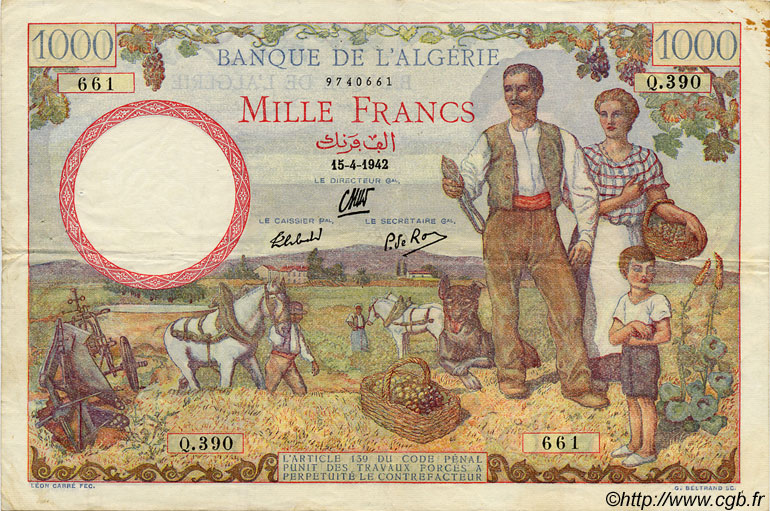 1000 Francs  ALGÉRIE  1942 P.086 TB+