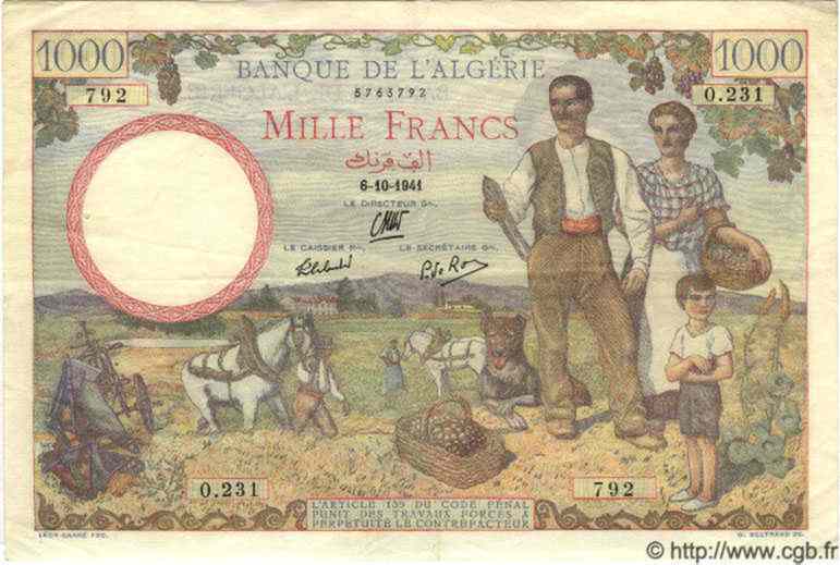 1000 Francs ALGERIA  1941 P.030a BB