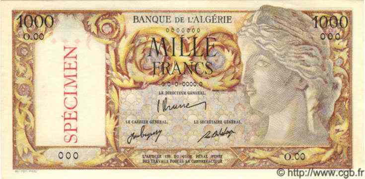 1000 Francs Spécimen ALGÉRIE  1946 P.031s NEUF