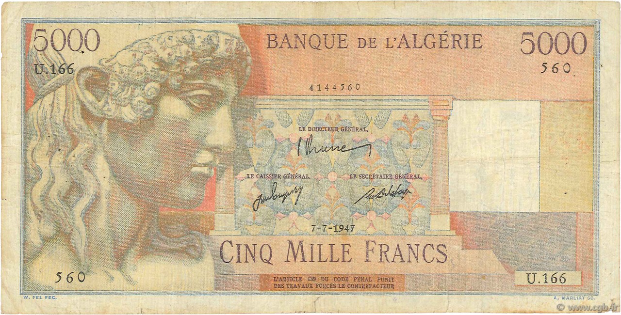 5000 Francs ALGÉRIE  1947 P.105 B à TB
