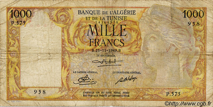 1000 Francs ALGÉRIE  1949 P.107a B+