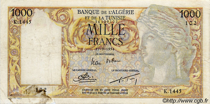 1000 Francs ALGÉRIE  1954 P.041b B+