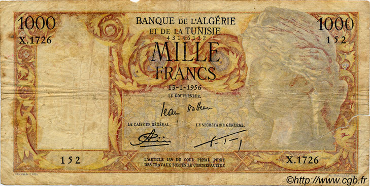 1000 Francs ALGÉRIE  1956 P.041b B+