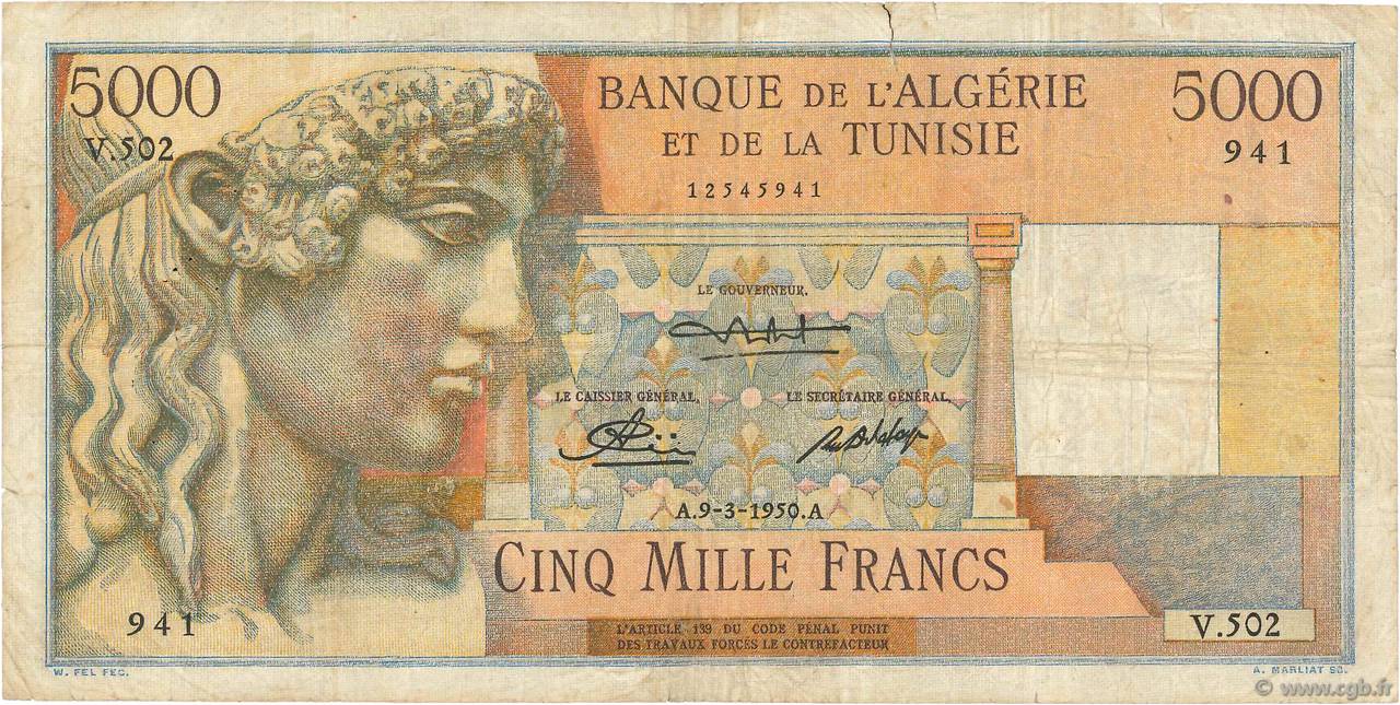 5000 Francs ALGERIA  1950 P.109a VG