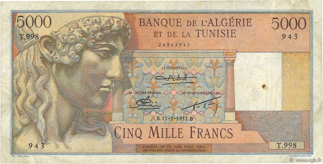 5000 Francs ALGÉRIE  1950 P.109b TB