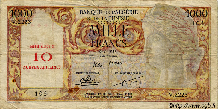 10 NF sur 1000 Francs ALGÉRIE  1958 P.045 B+ à TB