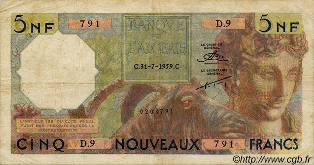 5 Nouveaux Francs ALGÉRIE  1959 P.118a TB+