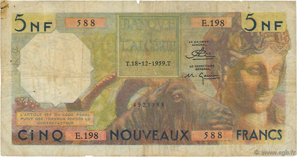 5 Nouveaux Francs ALGÉRIE  1959 P.118a B+