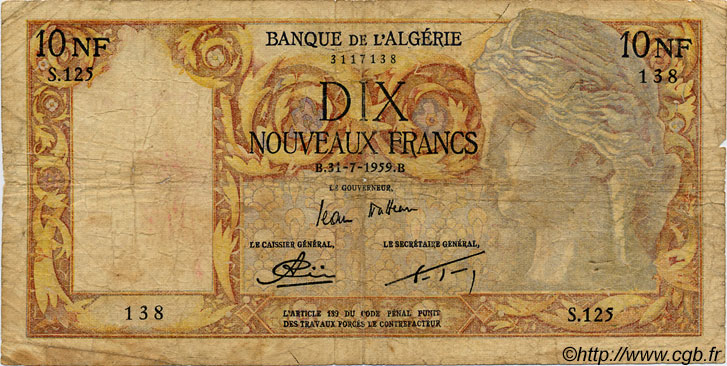 10 Nouveaux Francs ALGÉRIE  1959 P.048 B
