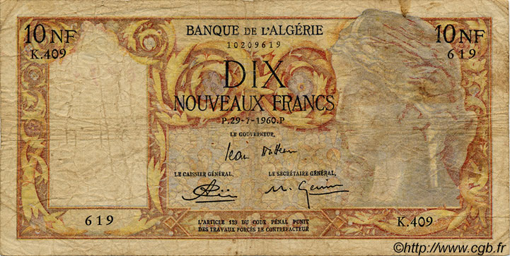 10 Nouveaux Francs ALGÉRIE  1959 P.119a B