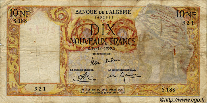 10 Nouveaux Francs ALGÉRIE  1959 P.048 pr.TB