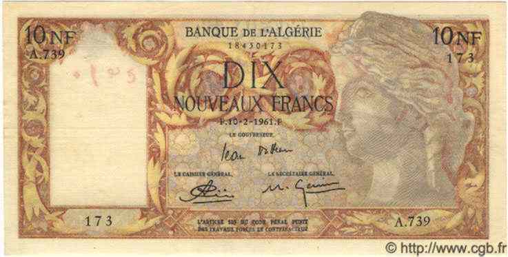 10 Nouveaux Francs ALGÉRIE  1961 P.048 pr.SUP