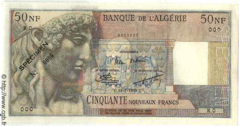 50 Nouveaux Francs Spécimen ALGERIA  1959 P.120s q.FDC