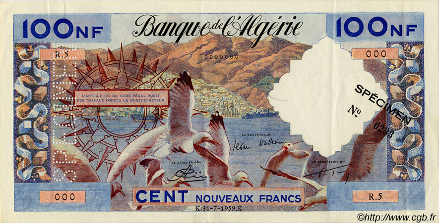100 Nouveaux Francs Spécimen ALGÉRIE  1959 P.121s SUP+