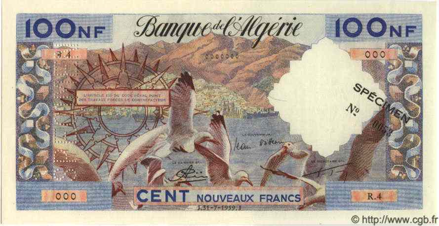 100 Nouveaux Francs Spécimen ALGÉRIE  1959 P.050s pr.NEUF