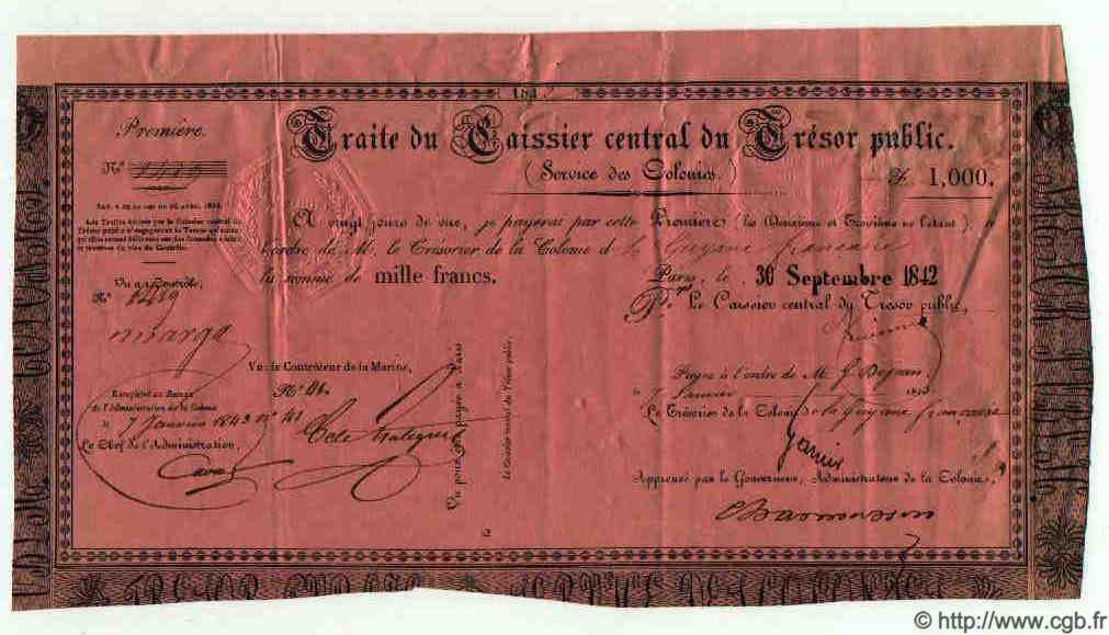 1000 Francs FRENCH GUIANA  1842 P.- VF