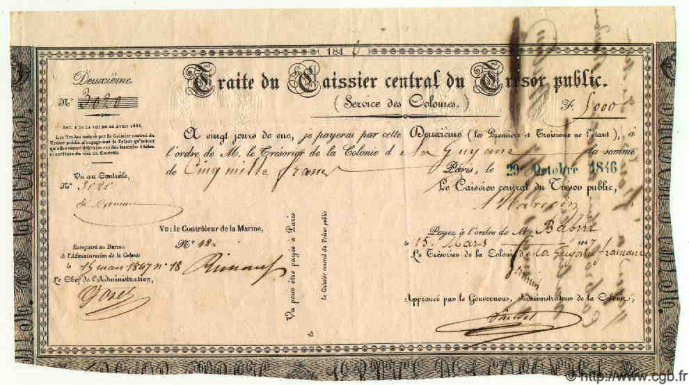 5000 Francs FRENCH GUIANA  1846 P.- XF