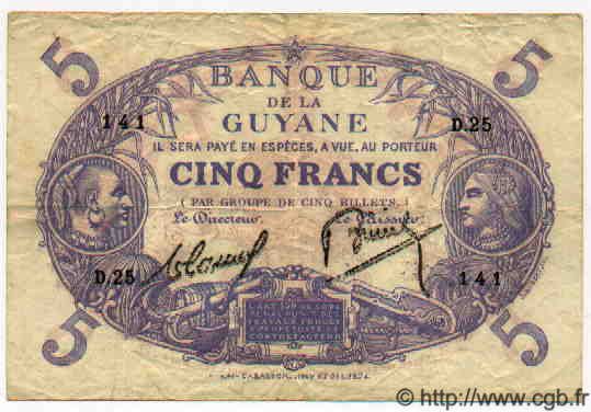 5 Francs Cabasson bleu GUYANE  1938 P.01b pr.TTB