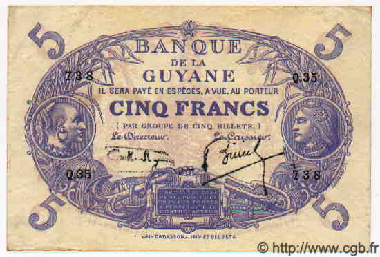 5 Francs Cabasson bleu GUYANE  1939 P.01c TTB+ à SUP