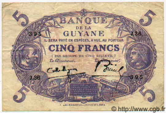 5 Francs Cabasson bleu FRENCH GUIANA  1939 P.01c fVZ