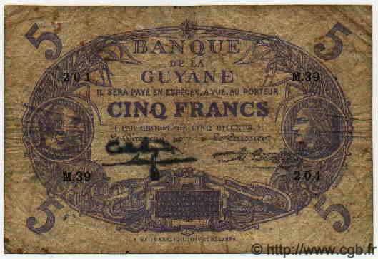 5 Francs Cabasson bleu GUYANE  1942 P.01d TB