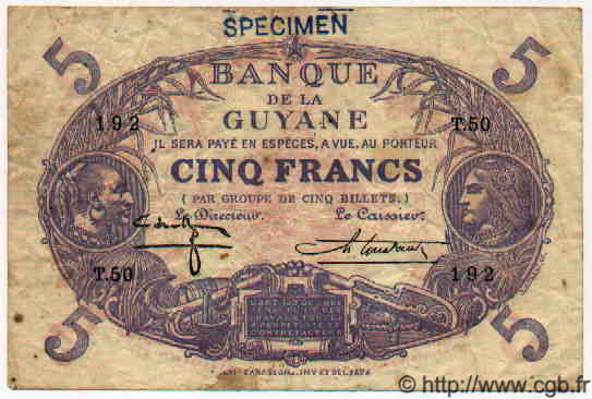 5 Francs Cabasson bleu Spécimen GUYANE  1942 P.01ds TTB