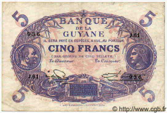 5 Francs Cabasson bleu GUYANE  1947 P.01e TTB