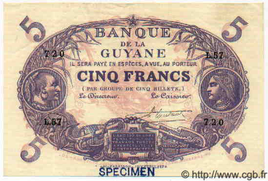 5 Francs Cabasson bleu Spécimen GUYANE  1947 P.01es NEUF