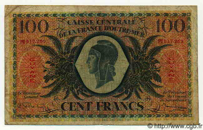 100 Francs GUYANE  1944 P.17 TB à TTB