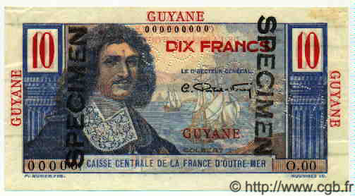 10 Francs Colbert Spécimen GUYANE  1949 P.20s SPL