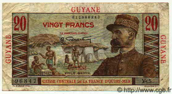 20 Francs Émile Gentil FRENCH GUIANA  1949 P.21 F - VF