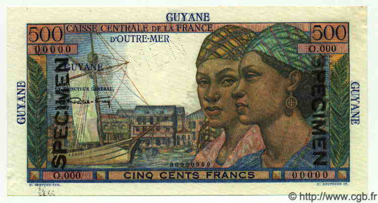 500 Francs Pointe à Pitre Spécimen FRENCH GUIANA  1949 P.24s UNC