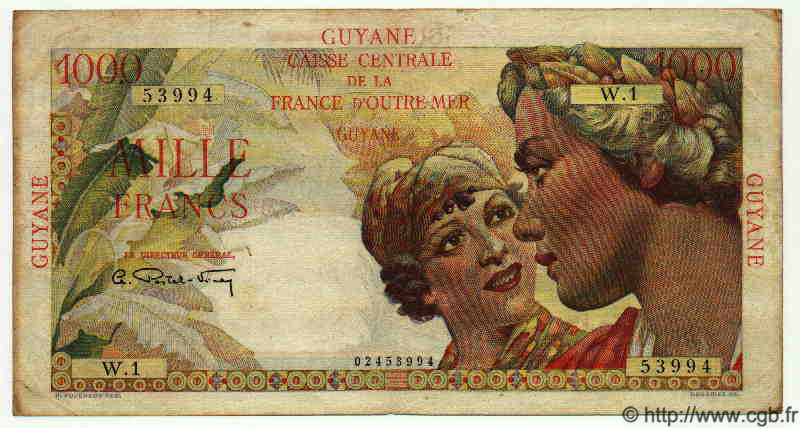 1000 Francs Union Française FRENCH GUIANA  1949 P.25 F - VF