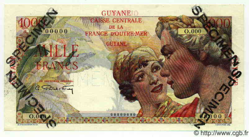 1000 Francs Union Française Spécimen FRENCH GUIANA  1949 P.25s UNC