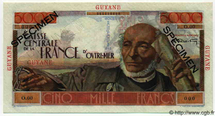 5000 Francs Schoelcher Spécimen FRENCH GUIANA  1949 P.26s UNC
