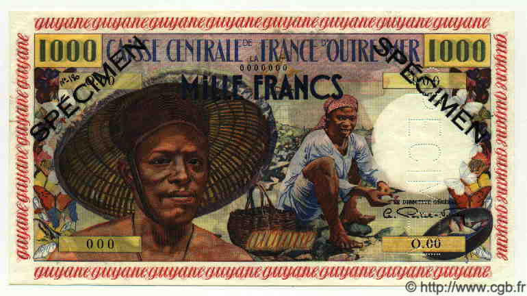 1000 Francs pêcheur Spécimen FRENCH GUIANA  1949 P.27s UNC-