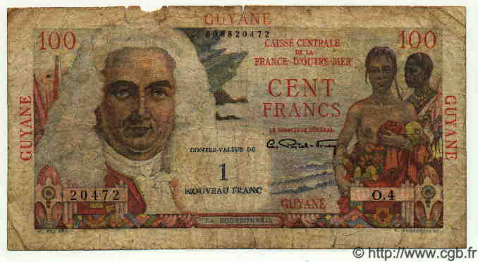 1 NF sur 100 Francs La Bourdonnais FRENCH GUIANA  1961 P.29 VG