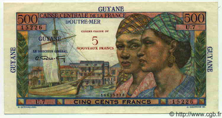 5 NF sur 500 Francs Pointe à Pitre FRENCH GUIANA  1961 P.30 ST