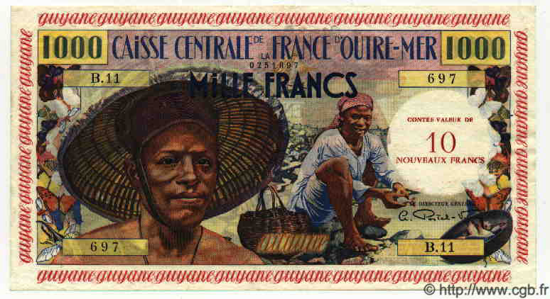 10 NF sur 1000 Francs pêcheur FRENCH GUIANA  1961 P.31 q.FDC