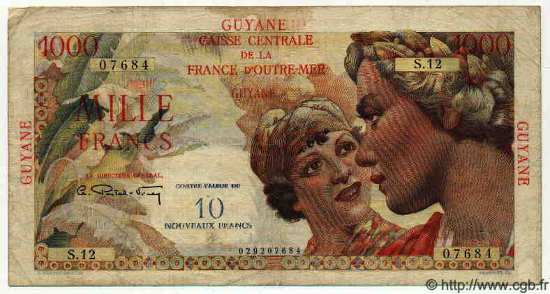 10 NF sur 1000 Francs Union Française FRENCH GUIANA  1961 P.32 S to SS