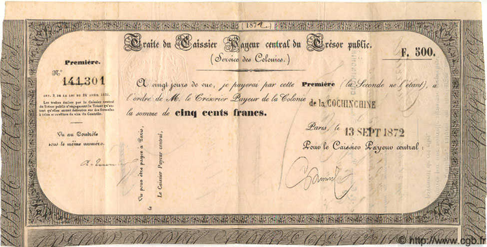 500 Francs INDOCINA FRANCESE  1872 P.-- q.SPL