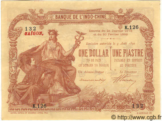 1 Dollar - 1 Piastre marron FRANZÖSISCHE-INDOCHINA Saïgon 1899 P.027 fST