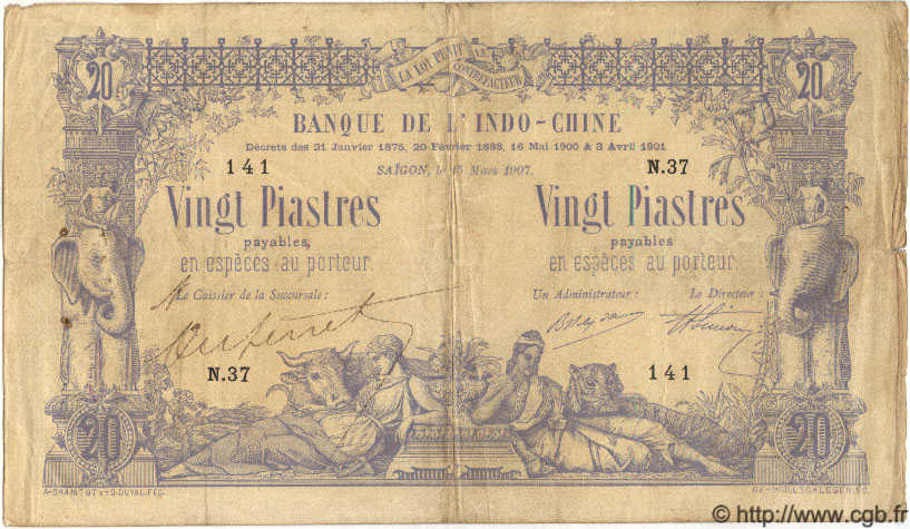20 Piastres - 20 Piastres FRENCH INDOCHINA Saïgon 1907 P.036 VF-